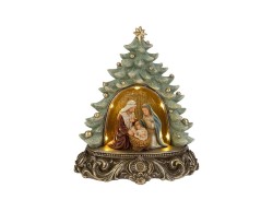 Albero di Natale decorativo in resina verde con nicchia illuminata a LED e Sacra Famiglia altezza 22,5 cm.