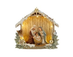 Capanna del presepe in resina con Sacra Famiglia, tetto innevato e luci LED calde altezza 16 cm.