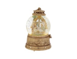 Carillon con sfera di neve, Sacra Famiglia in resina, luci LED e musiche natalizie altezza 16,5 cm.