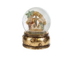 Ampolla sfera di neve natalizia con Sacra Famiglia in resina e base dorata a stelle altezza 9 cm.