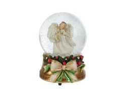 Carillon sfera di neve natalizia con angelo con arpa e base dorata con fiocco altezza 14 cm.