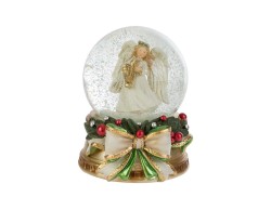 Ampolla sfera di neve natalizia con angelo con arpa e base dorata con fiocco altezza 9 cm.