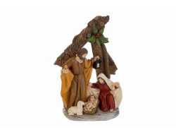 Natività in resina monoblocco con capanna ad effetto legno, San Giuseppe con lanterna, Maria, Gesù Bambino e agnellino