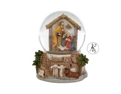 Carillon sfera di neve natalizia con Sacra Famiglia in vetro e base in resina ad effetto borgo antico altezza 14,5 cm.