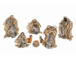 Set presepe 8 pezzi con statuine della Natività in resina e abiti in tessuto blu e oro altezza 23 cm.