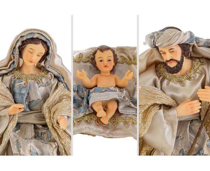 Set Presepe 8 Pezzi Natività Vestita in Resina e Tessuto Blu/Oro h 23 cm – Decorazione Natalizia Le Stelle su Bomboniere Dolci Emozioni