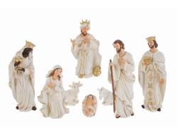 Set presepe 8 pezzi con statuine della Natività in resina color avorio con dettagli dorati altezza 30 cm.