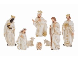 Set presepe 8 pezzi con statuine della Natività in resina color avorio con dettagli dorati altezza 21 cm.