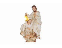 Statua Sacra Famiglia in resina avorio e oro con lanterna a luce LED calda integrata altezza 38 cm.