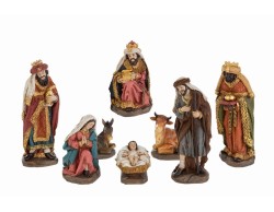 Set presepe 8 pezzi con statuine della Natività in resina dipinte nei colori tradizionali con dettagli dorati altezza 20 cm.