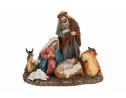 Scultura monoblocco Natività in resina con Sacra Famiglia bue asinello e agnellino altezza 25,5 cm.