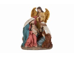 Scultura monoblocco Natività in resina con Sacra Famiglia e angelo dalle ali dorate altezza 20 cm.