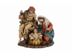Scultura monoblocco Natività in resina con San Giuseppe che regge una lanterna Maria e Gesù Bambino altezza 19 cm.
