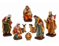 Set presepe 8 pezzi con statuine della Natività in resina dipinte nei colori caldi tradizionali con dettagli dorati