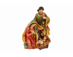Scultura monoblocco Natività in resina con San Giuseppe che sostiene una lanterna Maria e Gesù Bambino altezza 25,5 cm.