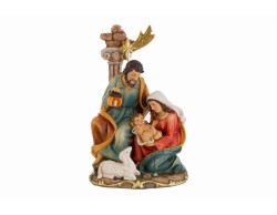 Scultura monoblocco Natività in resina con Sacra Famiglia agnellino e stella cometa dorata altezza 23 cm.