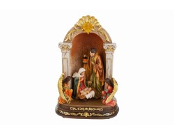 Scultura monoblocco Natività in resina con luce LED stella dorata e angeli altezza 26,5 cm.