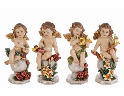 Statuina angelo musicante cherubino in resina con ali dorate seduto su sfera con fiori altezza 21 cm.