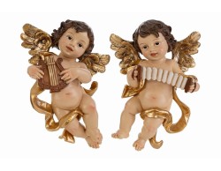 Angelo da parete in resina con ali dorate e strumento musicale appendino decorativo altezza 23,5 cm.