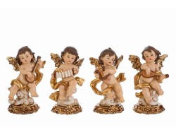 Statuina angelo cherubino musicante in resina con ali e dettagli dorati altezza 9,5 cm.