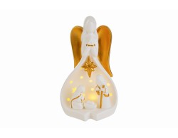 Presepe in porcellana bianca con luce LED e figura di angelo con ali dorate altezza 19 cm.