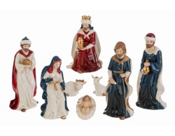 Set presepe completo 8 pezzi in porcellana con Sacra Famiglia Re Magi bue e asinello altezza 20 cm.