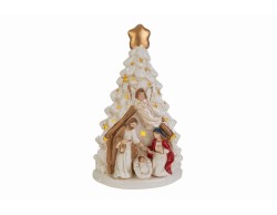 Albero di Natale in porcellana bianca con Natività e luce LED traforata stella dorata altezza 24 cm.