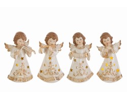 Angelo musicante in porcellana avorio e oro con luce LED traforata a stella altezza 18 cm.