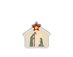 Presepe casetta in porcellana avorio con Natività stilizzata verde e stella cometa con luce LED integrata altezza 11 cm.