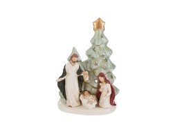 Portacandela Sacra Famiglia in porcellana con albero di Natale traforato a stelle e stella dorata altezza 23,5 cm.