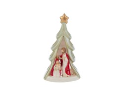 Portacandela Sacra Famiglia in porcellana con albero di Natale stilizzato traforato e stella dorata altezza 21 cm.