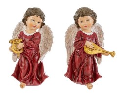 Angelo musicante in resina con veste rossa ali piumate e strumento dorato altezza 26 cm.