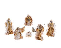 Set presepe 8 pezzi natività in resina con vestiti in stoffa oro e pizzo altezza 32,5 cm.
