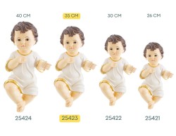 Statuina del Bambino Gesù in resina con tunica bianca e bordo dorato altezza 35 cm per presepe.
