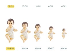 Statuina del Bambino Gesù in resina con tunica bianca e bordo dorato altezza 19 cm per presepe.