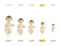 Statuina del Bambino Gesù in resina con tunica bianca e bordo dorato altezza 6 cm per presepe.