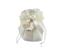 Sacchetto cresima harmony cotone bianco croce legno tortora
