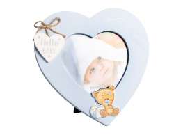 Bomboniera Harmony Battesimo Portafoto Cuore in Legno con orso azzurro - Modello Baby con Box e Fazzoletto