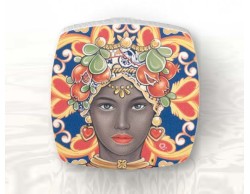 BOMBONIERA TESTA DI MORO DONNA COLORI NERO E ROSSA DA APPOGGIO DECORATO CON ORO