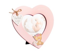 Bomboniera Harmony Battesimo Portafoto Cuore in Legno con orsetto rosa - Modello Baby con Box e Fazzoletto