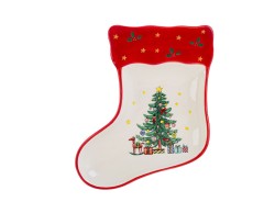 Vassoio in Ceramica a Forma di Calza con Albero di Natale 17,5x21xh.2,5 cm - Perfetto per le Feste