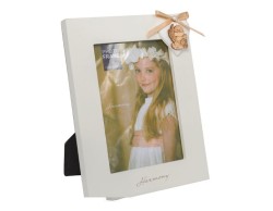 Bomboniera Harmony Prima Comunione porta foto legno decapè con applicazione cuore gesso con calice legno