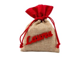 Sacchetto juta crema e rosso con scritta laurea legno