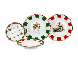 Set Tavola 18 Pezzi in Ceramica - Decorazioni Natalizie con Treno e Cavallo a Dondolo