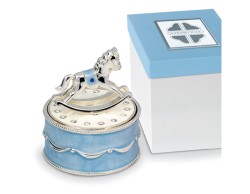 Bomboniera Solidale Carillon Cavallo a Dondolo Argento e Azzurro Quadrifoglio per Fondazione ABIO