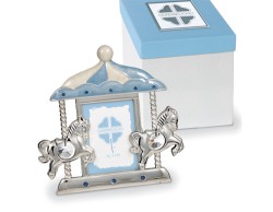 Bomboniera Solidale Portafoto Giostra Argento e Azzurro Quadrifoglio per Fondazione ABIO