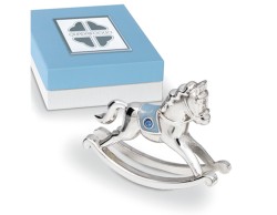 Bomboniera Solidale Cavallo a Dondolo Argento e Celeste Quadrifoglio per Fondazione ABIO