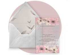 Partecipazione di nozze in plexiglass trasparente rettangolare con fiori rosa