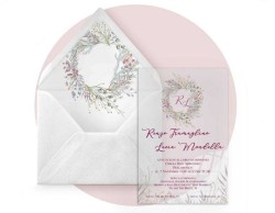 Partecipazione di nozze in plexiglass trasparente   rettangolare con ghirlanda di fiori