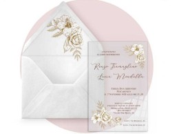 Partecipazione di nozze in plexiglass trasparente rettangolare con rose color oro